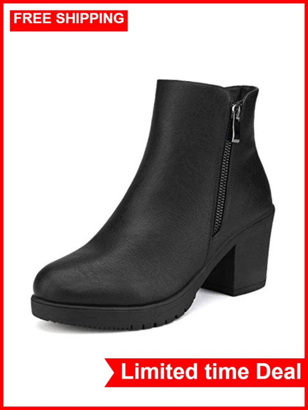 Women's Chunky Heel Platform Ankle Boots Vegan Leather Side Zip Booties